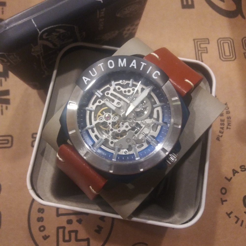 Fossil Skeleton Luggage Leather Silver Face Watch